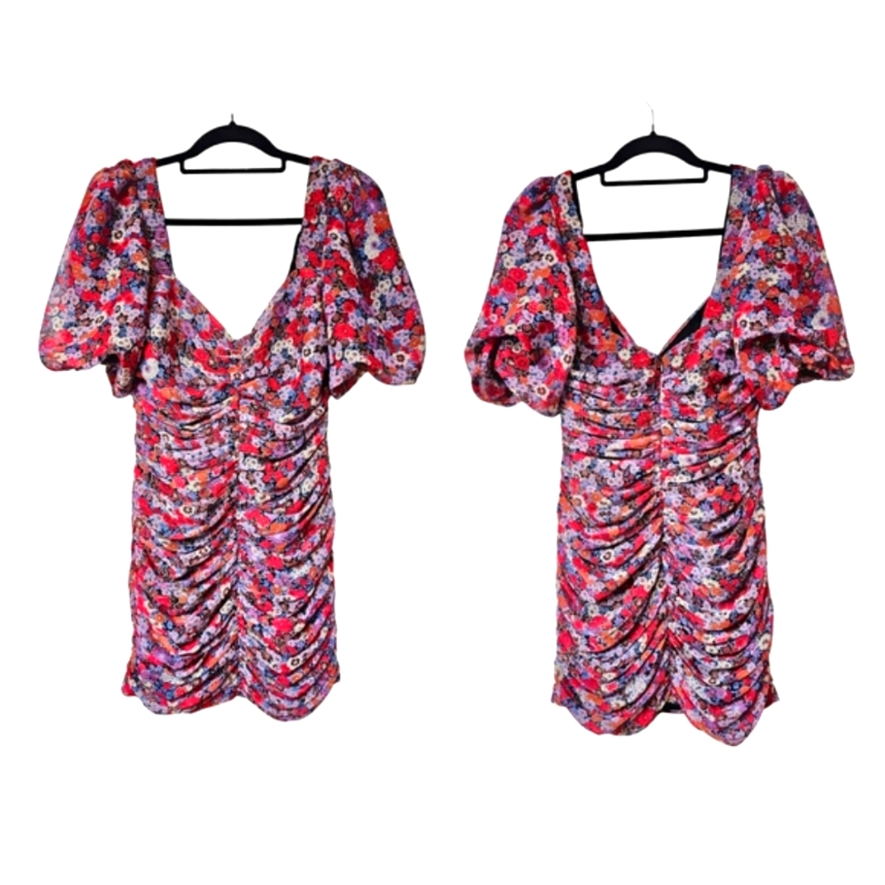 🆕️Zara Ruched Red Pink & Gold Ruched Puff Sleeve Mini Chiffon Draped Dress M - Picture 13 of 16